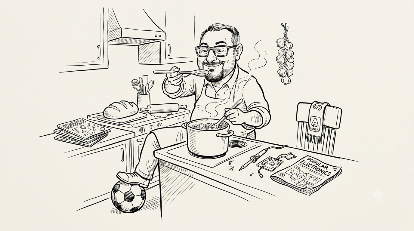 Pen-and-ink caricature of Matt cooking Italian food in his kitchen, with a football at his feet, Match and World Soccer magazines, and a Popular Electronics project on the counter.
