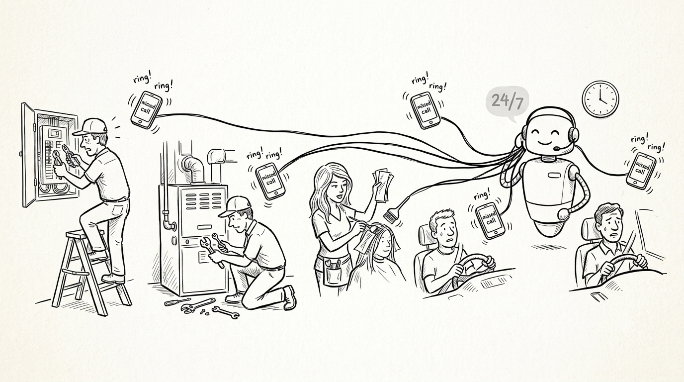 Pen-and-ink illustration: a row of service workers with their hands full - an electrician, an HVAC technician, a hair stylist, and a driving instructor - each with a phone ringing unanswered, while one calm robot receptionist answers every call at once.