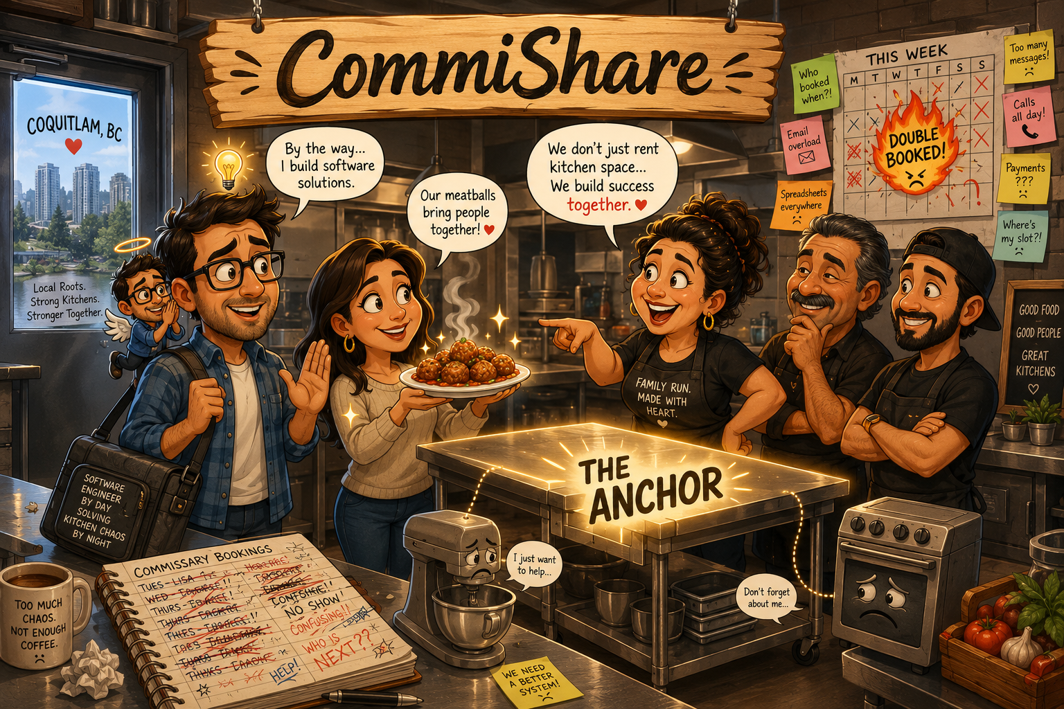 Colorful caricature: a software engineer and his wife holding a plate of meatballs meet the family owners of a Coquitlam commissary kitchen, beside a glowing prep table labelled THE ANCHOR, amid a chaotic bookings notebook and a double-booked calendar.