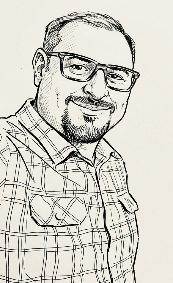 Hand-drawn pen-and-ink caricature of Matt Mehrpak